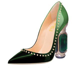 FSJ Pointed Toe Chunky Block Low Heel Crystal Pumps Comfort Evening Dress Shoes